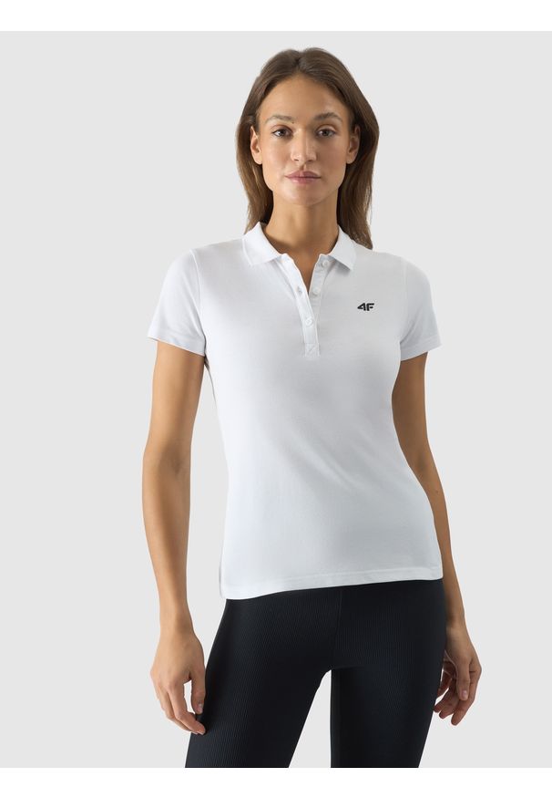 4f - 4F Koszulka polo slim damska - biała XL. Okazja: na co dzień. Typ kołnierza: polo. Kolor: biały. Materiał: bawełna, dzianina, materiał, elastan. Wzór: jednolity, ze splotem. Styl: sportowy, klasyczny, casual