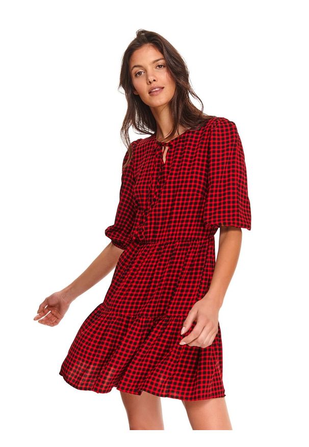 TOP SECRET - Tkaninowa sukienka mini z bufiastymi rękawami. Kolor: czerwony. Materiał: tkanina. Sezon: zima. Długość: mini