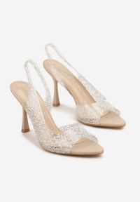 Renee - Beżowe Przezroczyste Sandały na Szpilce Slingback Ozdobione Cyrkoniami Fodaria. Kolor: beżowy. Wzór: aplikacja. Sezon: lato. Obcas: na szpilce. Styl: klasyczny. Wysokość obcasa: średni