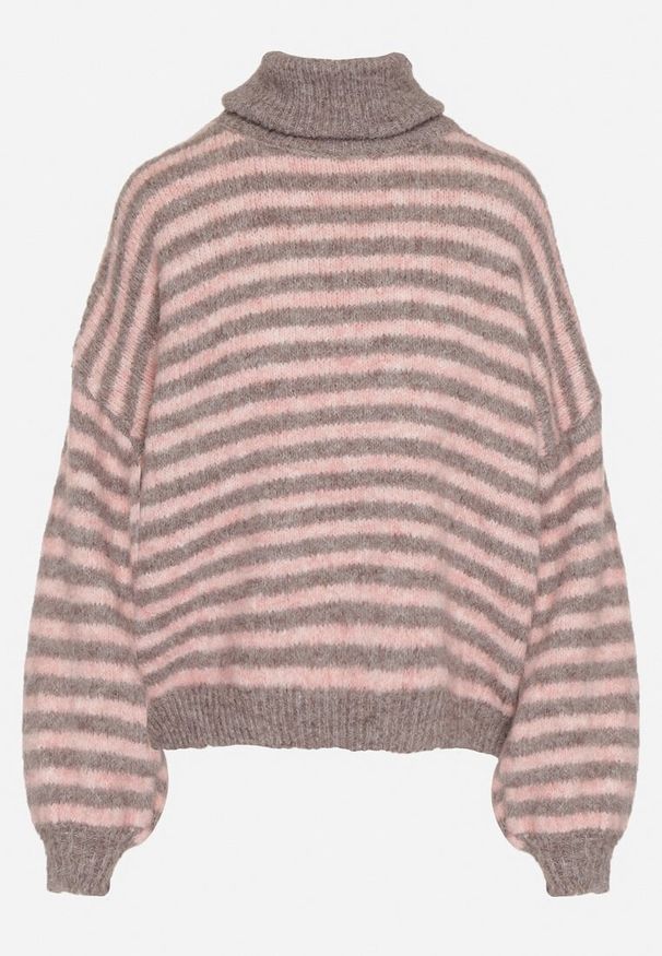 Born2be - Szaro-Różowy Golf z Domieszką Wełny w Paski Monallia. Okazja: na co dzień. Typ kołnierza: golf. Kolor: szary. Materiał: wełna. Wzór: paski. Styl: casual, klasyczny, elegancki