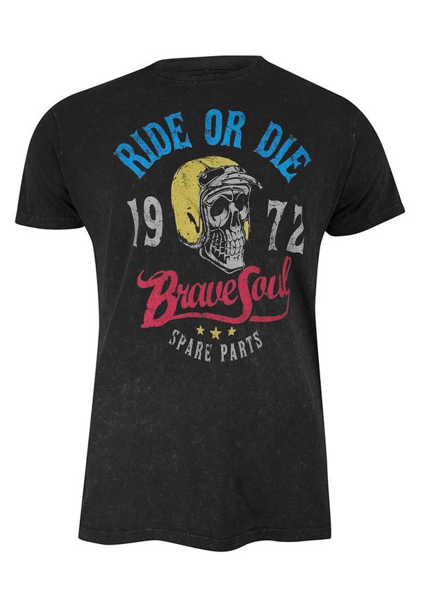 Brave Soul - T-Shirt (Koszulka) Czarny z Nadrukiem, Czaszka w Kasku, Okrągły Dekolt, Krótki Rękaw -BRAVE SOUL. Okazja: na co dzień. Kolor: czarny. Materiał: bawełna. Długość rękawa: krótki rękaw. Długość: krótkie. Wzór: nadruk. Sezon: lato, wiosna. Styl: casual
