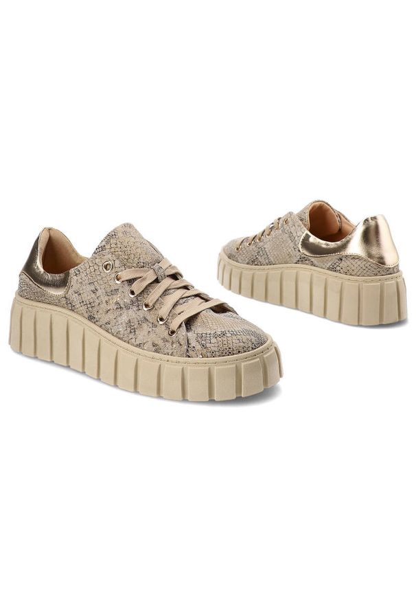 DAMISS - Złote Sneakersy Damskie Damiss Modne Obuwie. Kolor: złoty. Materiał: zamsz, skóra. Szerokość cholewki: normalna. Wzór: jednolity, motyw zwierzęcy, nadruk