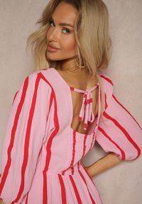 Renee - Różowo-Pomarańczowa Bawełniana Sukienka w Paski o Rozkloszowanym Kroju Legelia. Kolor: różowy. Materiał: bawełna. Wzór: paski. Typ sukienki: rozkloszowane #3