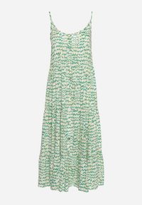 Born2be - Zielona Wiskozowa Sukienka z Cienkimi Ramiączkami Ozdobiona Guzikami i Falbanką Vikini. Typ kołnierza: dekolt w kształcie V. Kolor: zielony. Materiał: wiskoza. Długość rękawa: na ramiączkach. Wzór: aplikacja. Styl: klasyczny #3