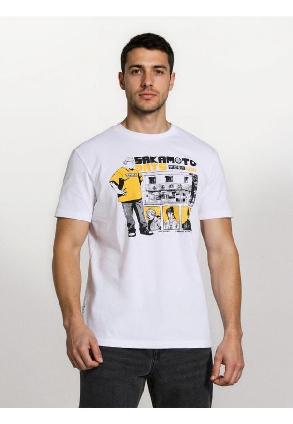 Sinsay - Bawełniana koszulka z nadrukiem Sakamoto Days - biały. Kolor: biały. Materiał: bawełna. Wzór: nadruk