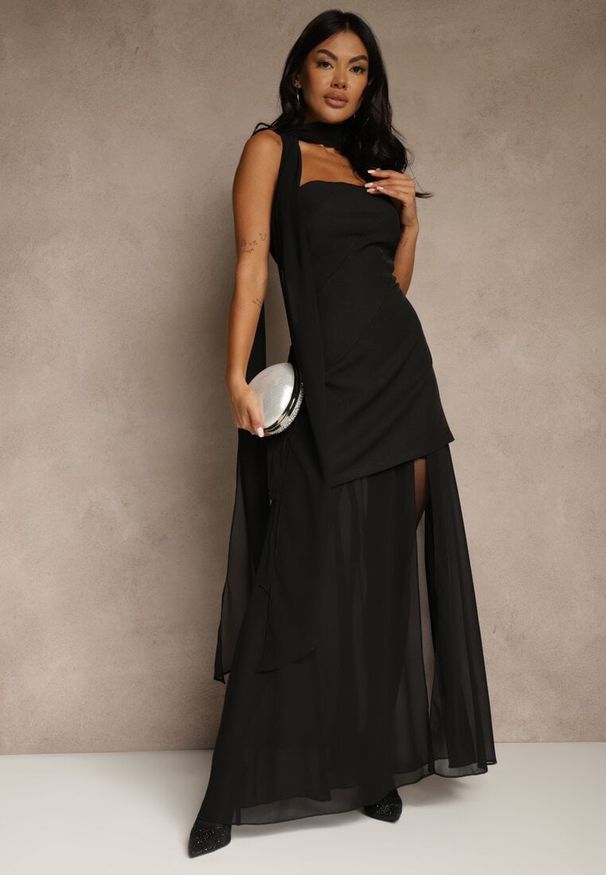 Renee - Czarna Wieczorowa Sukienka Bandeau z Dodatkowym Szalem Meridvia. Okazja: na wesele, na ślub cywilny, na imprezę. Kolor: czarny. Długość rękawa: na ramiączkach. Styl: wizytowy