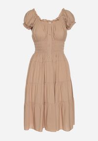 Born2be - Ciemnobeżowa Bawełniana Rozkloszowana Sukienka z Guzikami i Bufiastymi Rękawami Annivi. Okazja: na co dzień. Kolor: beżowy. Materiał: bawełna. Styl: elegancki, casual, klasyczny #6