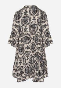 Born2be - Beżowo-Czarna Rozkloszowana Sukienka z Bawełny z Falbanami w Ornamentalny Wzór Lanoreth. Okazja: na co dzień, na spacer. Typ kołnierza: dekolt w serek. Kolor: czarny. Materiał: bawełna. Typ sukienki: rozkloszowane, proste. Styl: klasyczny, casual #2