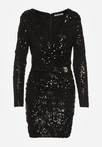 Born2be - Czarna Cekinowa Sukienka o Dopasowanym Kroju z Dekoltem V Lowedea. Okazja: na imprezę. Typ kołnierza: dekolt kopertowy. Kolor: czarny. Materiał: poliester. Typ sukienki: kopertowe. Styl: klasyczny #4