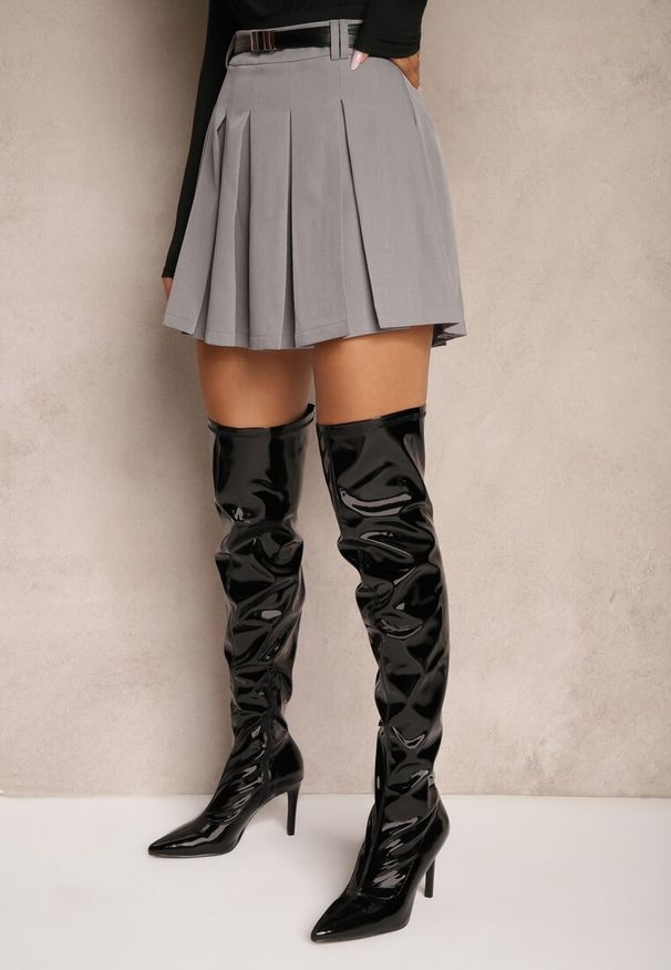 Renee - Szare Spódnico-Spodenki High Waist z Plisowaniem Wykończone Paskiem Eviennes. Okazja: na co dzień. Stan: podwyższony. Kolor: szary. Materiał: jedwab. Styl: klasyczny, casual