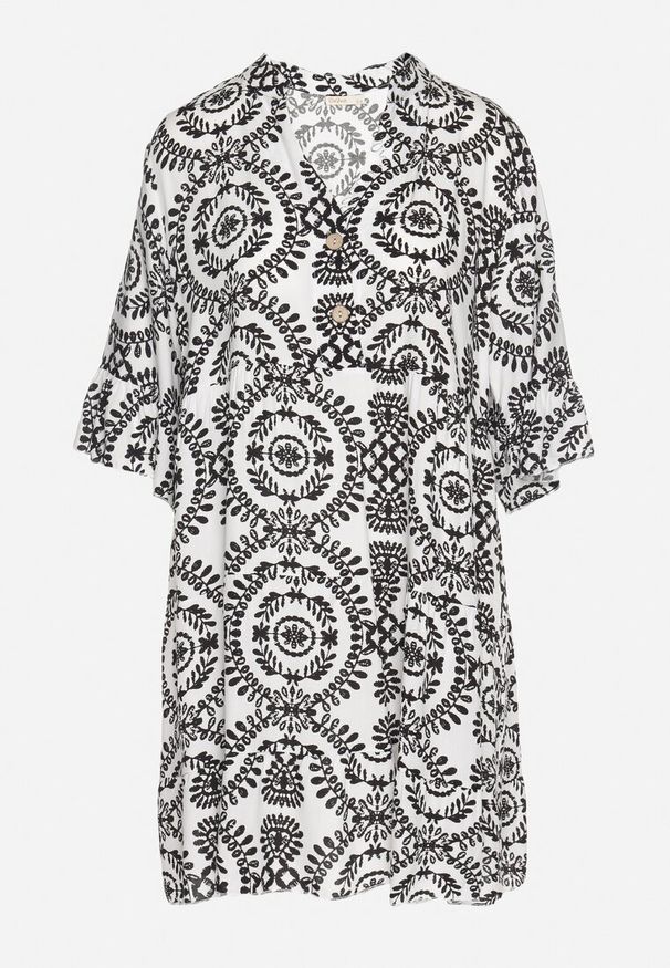 Born2be - Biało-Czarna Bawełniana Sukienka Rozkloszowana z Guzikami Janisse. Okazja: na co dzień. Kolor: czarny. Materiał: bawełna. Typ sukienki: rozkloszowane, proste. Styl: casual, elegancki, klasyczny