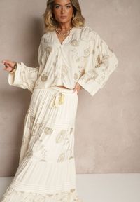 Renee - Beżowy Wiskozowy Komplet Boho z Koszulą o Nietoperzowym Kroju i Spódnicą Separia. Kolor: beżowy. Materiał: wiskoza. Wzór: aplikacja