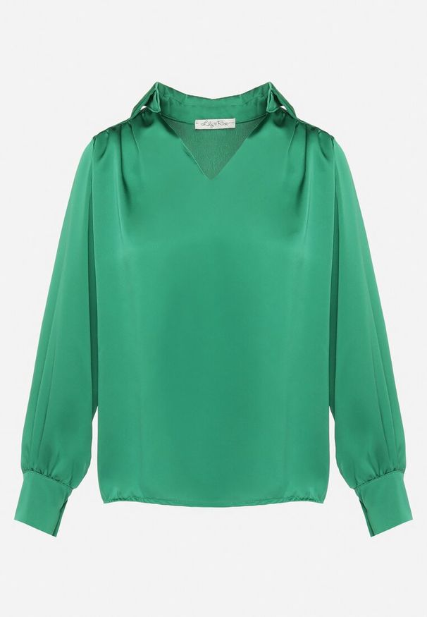 Born2be - Ciemnozielona Bluzka z Trójkątnym Dekoltem i Marszczeniami Nayala. Kolor: zielony. Wzór: aplikacja. Styl: elegancki