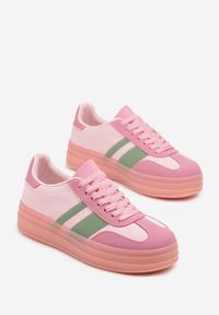 Born2be - Różowe Sneakersy Tenisówki z Ozdobnymi Paskami Melinella. Okazja: na co dzień. Zapięcie: pasek. Kolor: różowy. Materiał: jeans. Wzór: paski. Obcas: na płaskiej podeszwie #4