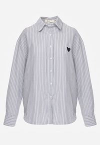 Renee - Niebieska Koszula z Bawełną w Paski z Haftowaną Aplikacją Serca Sewrona. Okazja: na co dzień. Kolor: niebieski. Materiał: bawełna. Wzór: aplikacja, haft, paski. Styl: casual, klasyczny #5