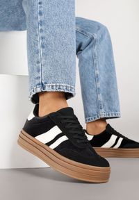 Born2be - Czarne Sneakersy w Stylu Klasycznych Tenisówek na Grubej Podeszwie Tuluvia. Okazja: na spacer. Kolor: czarny. Materiał: jeans. Sport: turystyka piesza #3