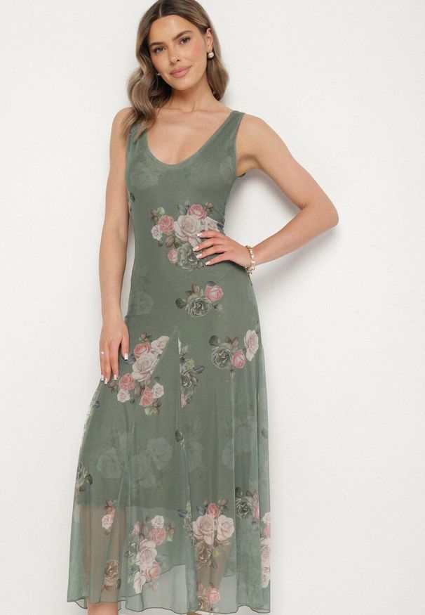 Born2be - Ciemnozielona Siateczkowa Sukienka z Kwiatowym Motywem Milanessa. Okazja: na co dzień. Kolor: zielony. Materiał: jeans. Wzór: kwiaty. Typ sukienki: proste. Styl: casual, elegancki