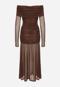 Born2be - Brązowa Taliowana Sukienka Typu Hiszpanka z Transparentnymi Wstawkami Halacia. Okazja: na imprezę. Typ kołnierza: dekolt hiszpanka. Kolor: brązowy. Styl: elegancki #4