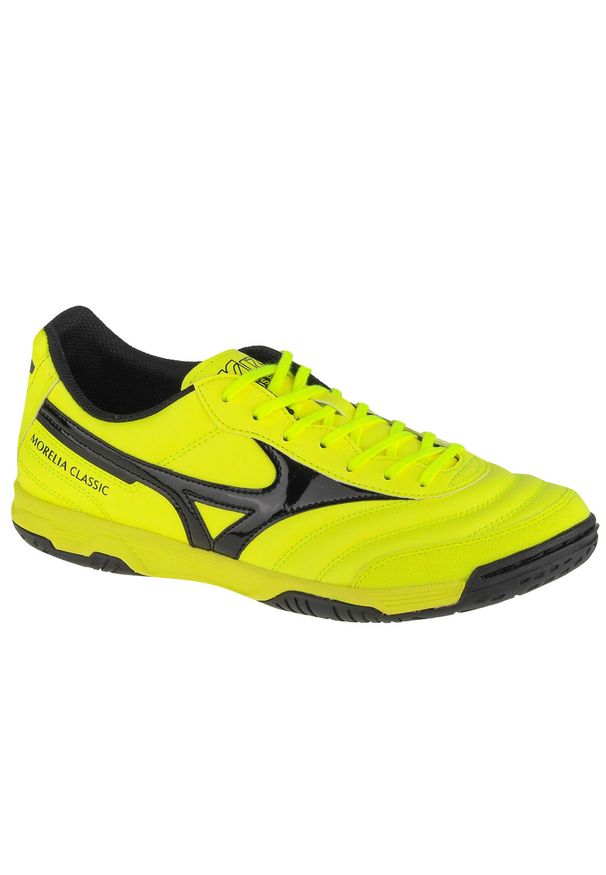 Buty halowe - halówki męskie, Mizuno Morelia Sala Classic In. Zapięcie: sznurówki. Kolor: żółty, wielokolorowy. Materiał: materiał, syntetyk. Szerokość cholewki: normalna. Sport: piłka nożna