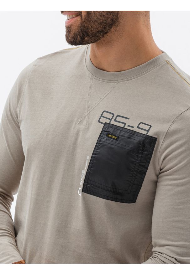 Ombre Clothing - Longsleeve męski z nadrukiem L130 - beżowy - XXL. Kolor: beżowy. Materiał: bawełna, tkanina. Długość rękawa: długi rękaw. Wzór: nadruk