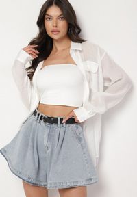 Born2be - Jasnoniebieskie Bawełniane Szorty z Wysokim Stanem i Paskiem Devne. Okazja: na co dzień. Stan: podwyższony. Kolor: niebieski. Materiał: bawełna. Styl: casual #4