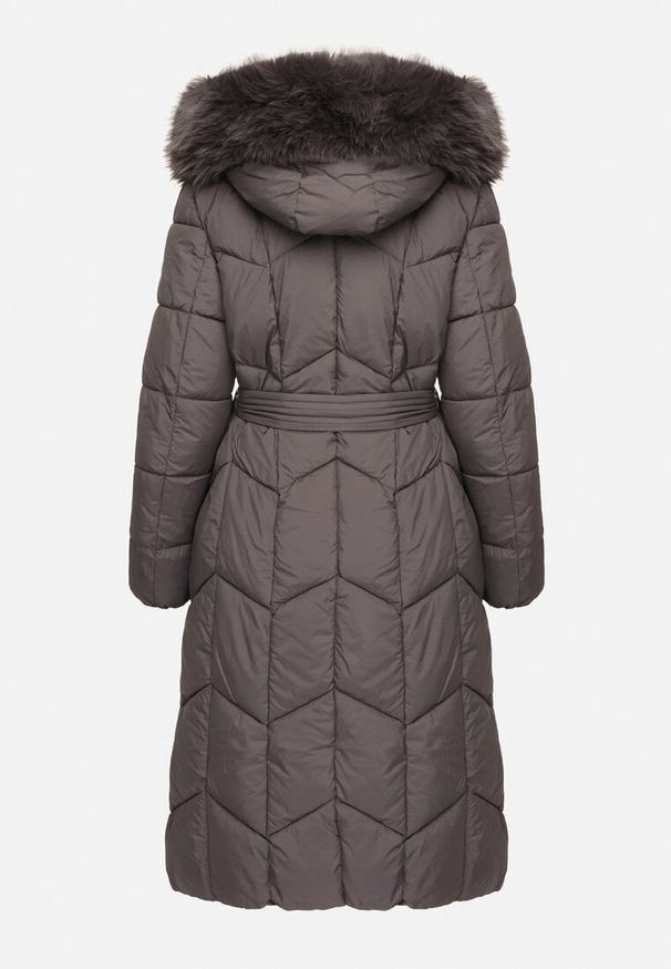 Born2be - Ciemnoszara Pikowana Kurtka o Długim Kroju z Kapturem i Odpinanym Kołnierzem i Wiązaniem Vamimara. Okazja: na co dzień, do pracy. Typ kołnierza: kaptur. Kolor: szary. Materiał: dzianina, jeans. Długość rękawa: długi rękaw. Długość: długie. Styl: casual, elegancki