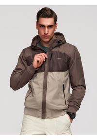 Ombre Clothing - Lekka kolorowa męska sportowa kurtka z polarem – beżowo-ciemnobrązowa V19 - Rozmiar: M. Typ kołnierza: kołnierzyk stójkowy. Kolor: beżowy. Materiał: polar. Wzór: kolorowy. Styl: sportowy #1