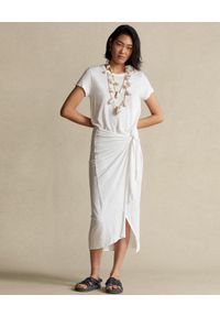 Ralph Lauren - RALPH LAUREN - Lniana sukienka z drapowaniem midi Straight fit. Typ kołnierza: polo. Kolor: biały. Materiał: len. Wzór: aplikacja. Długość: midi #1