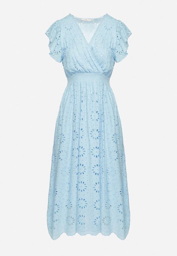 Born2be - Niebieska Ażurowa Sukienka z Kopertowym Dekoltem i Bufiastymi Rękawami Ldivane. Okazja: na co dzień, na imprezę. Kolor: niebieski. Wzór: ażurowy. Sezon: lato. Typ sukienki: kopertowe. Styl: casual