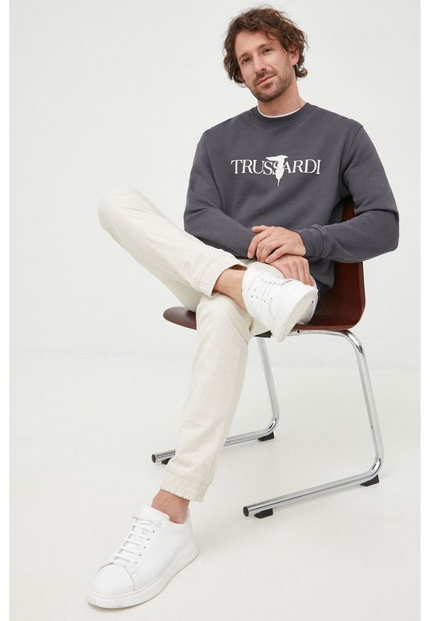 Trussardi Jeans - Trussardi bluza bawełniana męska kolor szary z nadrukiem. Kolor: szary. Materiał: bawełna. Wzór: nadruk