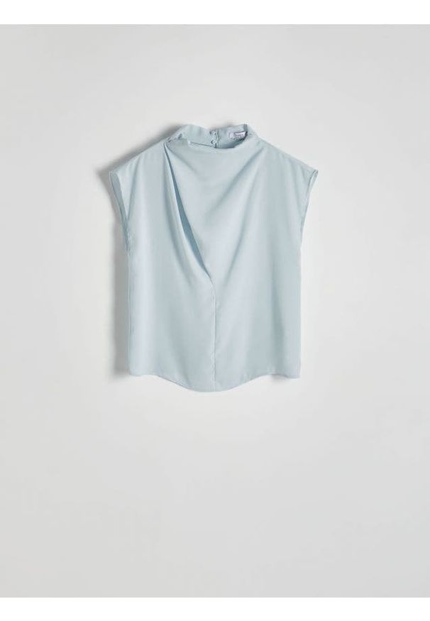 Reserved - Bluzka z drapowaniem - jasnoturkusowy. Kolor: turkusowy. Materiał: tkanina. Wzór: gładki