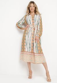 Born2be - Beżowa Sukienka Koszulowa z Mozaikowym Wzorem i Wiązanym Paskiem Lilimea. Okazja: na co dzień. Kolor: beżowy. Materiał: tkanina, jeans. Typ sukienki: koszulowe. Styl: casual, elegancki, klasyczny #4