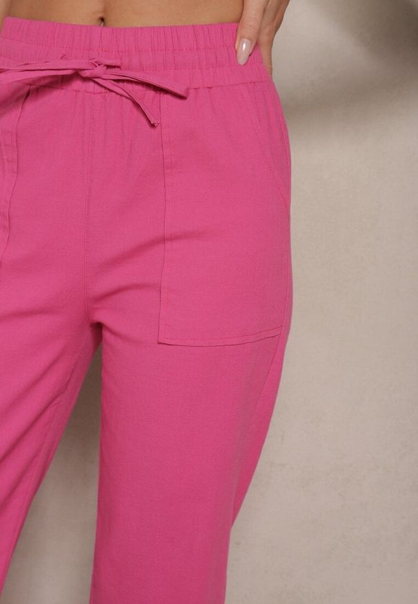 Renee - Fuksjowe Bawełniane Spodnie z Kokardą Davilena. Okazja: na co dzień. Stan: podwyższony. Kolor: różowy. Materiał: bawełna. Styl: elegancki, casual