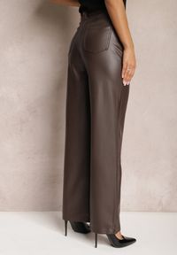 Renee - Brązowe Szerokie Spodnie High Waist z Imitacji Skóry Curbelo. Stan: podwyższony. Kolor: brązowy. Materiał: skóra #4