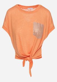 Born2be - Pomarańczowy Klasyczny T-shirt Wiązany na Dole z Cyrkoniami Efigga. Okazja: na co dzień. Kolor: pomarańczowy. Materiał: jeans. Wzór: aplikacja. Styl: klasyczny #7