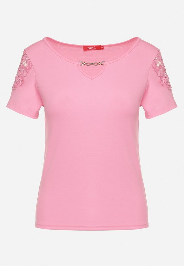 Born2be - Fuksjowy Bawełniany T-shirt z Łańcuszkiem i Koronką Liraveira. Okazja: na co dzień. Typ kołnierza: okrągły. Kolor: różowy. Materiał: bawełna, koronka. Długość rękawa: krótki rękaw. Długość: krótkie. Wzór: koronka. Styl: klasyczny, elegancki, casual