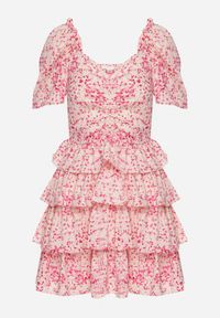 Born2be - Różowa Rozkloszowana Sukienka z Bufkami w Rękawach w Drobny Print z Falbankami Tineria. Okazja: na co dzień. Typ kołnierza: kołnierz z falbankami. Kolor: różowy. Wzór: nadruk. Typ sukienki: proste. Styl: casual #4