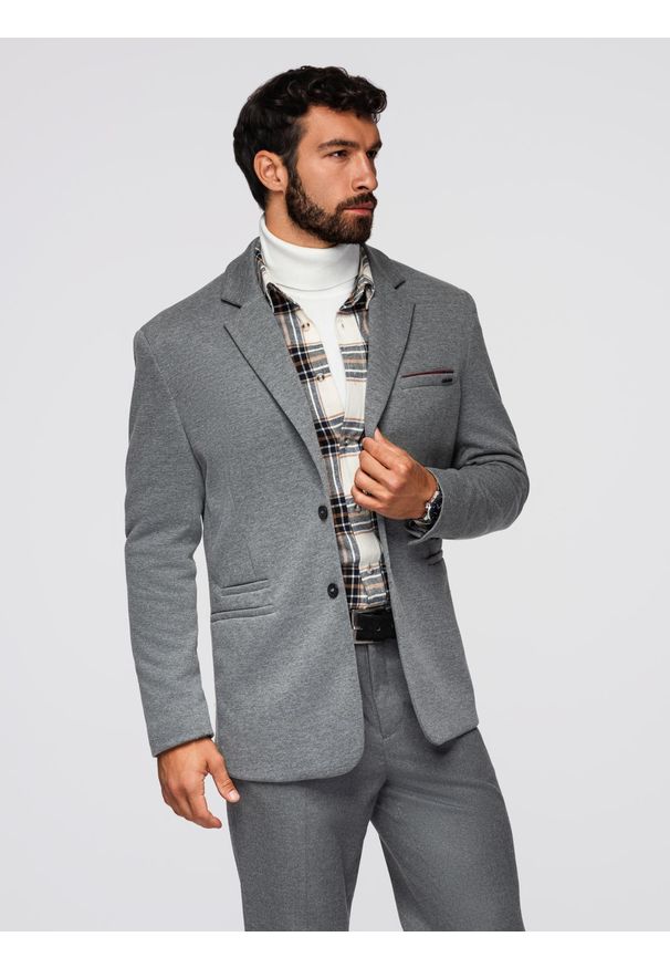 Ombre Clothing - Dzianinowa męska marynarka o dopasowany kroju - jasnoszara V2 - Rozmiar: XL. Okazja: na spotkanie biznesowe, do pracy, na co dzień. Kolor: szary. Materiał: dzianina. Styl: klasyczny, biznesowy, casual, elegancki