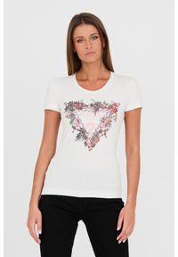 Guess - GUESS Biały damski t-shirt bawełniany z logo, Rozmiar XS. Kolor: biały. Materiał: bawełna. Wzór: nadruk