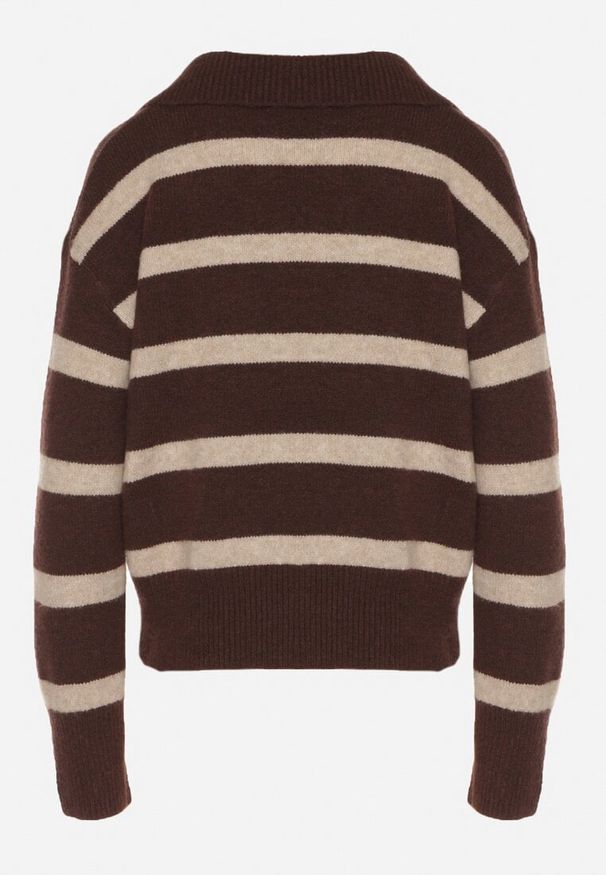 Born2be - Brązowy Sweter w Paski z Wełną i Dekoltem z Kołnierzykiem Tevana. Okazja: na co dzień. Typ kołnierza: dekolt w serek. Kolor: brązowy. Materiał: wełna. Wzór: paski. Styl: casual, klasyczny, elegancki