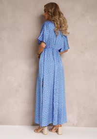 Renee - Niebieska Rozkloszowana Sukienka Maxi w Kropki z Głębokim Dekoltem Sallo. Kolor: niebieski. Wzór: kropki. Długość: maxi #4