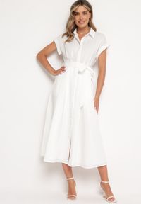 Born2be - Biała Koszulowa Sukienka Zapinana na Guziki z Materiałowym Paskiem Moaxel. Kolor: biały. Materiał: materiał. Długość rękawa: krótki rękaw. Typ sukienki: koszulowe. Styl: elegancki #7