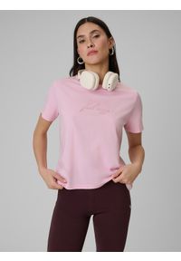 4f - 4F T-shirt boxy z nadrukiem damski - różowy L. Okazja: na co dzień. Kolor: różowy. Materiał: jeans, materiał. Wzór: nadruk. Styl: casual #1