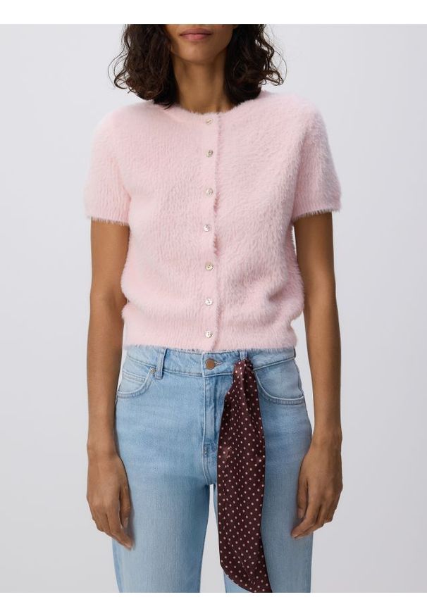 Reserved - Kardigan z krótkim rękawem - różowy. Kolor: różowy. Materiał: dzianina. Długość rękawa: krótki rękaw. Długość: krótkie