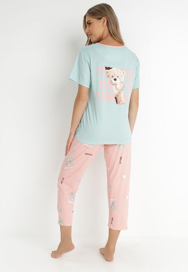 Born2be - Miętowy Komplet Piżamowy 2-Częściowy Hyramia. Kolekcja: plus size. Kolor: miętowy. Materiał: bawełna, tkanina, futro. Długość: krótkie. Wzór: aplikacja, nadruk