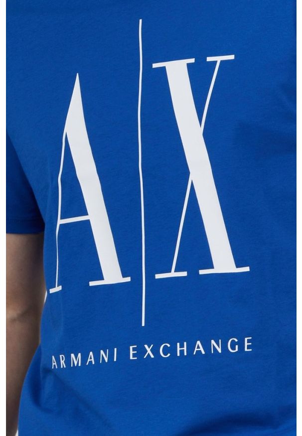 Armani Exchange - ARMANI EXCHANGE Niebieski t-shirt męski z dużym logo, Rozmiar L. Kolor: niebieski. Materiał: prążkowany