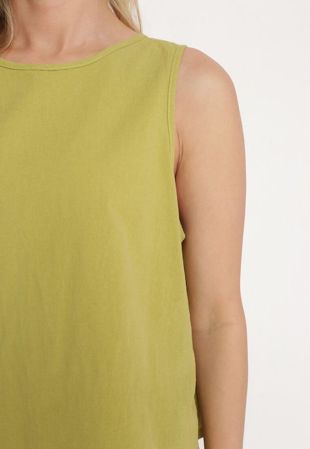 Born2be - Jasnozielony Bawełniany Komplet Top i Szerokie Spodnie Kuloty Sinelia. Kolor: zielony. Materiał: bawełna