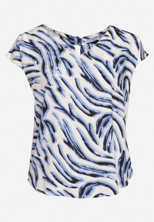 Born2be - Biało-Niebieska Bluzka z Wiskozy z Ozdobnym Wycięciem na Plecach i Krótkim Rękawem Jeleviana. Okazja: na spotkanie biznesowe, na spacer, do pracy. Typ kołnierza: dekolt w kształcie V. Kolekcja: plus size. Kolor: niebieski. Długość: krótkie. Wzór: haft. Materiał: wiskoza. Długość rękawa: krótki rękaw. Sezon: lato. Styl: biznesowy, klasyczny