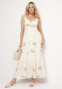 Born2be - Jasnobeżowa Sukienka Wiskozowa na Ramiączkach Ozdobiona Haftem Telanelis. Typ kołnierza: dekolt w kształcie V. Kolor: beżowy. Materiał: wiskoza. Długość rękawa: na ramiączkach. Wzór: aplikacja, haft #2