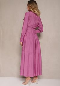 Renee - Fioletowa Rozkloszowana Sukienka z Wiskozy z Guzikami i Paskiem Ronesa. Okazja: na co dzień. Kolor: fioletowy. Materiał: wiskoza. Typ sukienki: proste. Styl: casual, elegancki #5